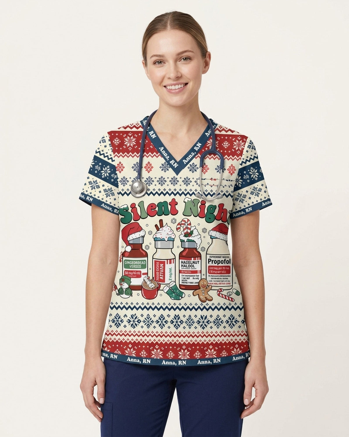 Personalized Name And Job Title Silent Night Ugly Sweater Pattern Funny Christmas Gift For Nurse Top - Scrubloop