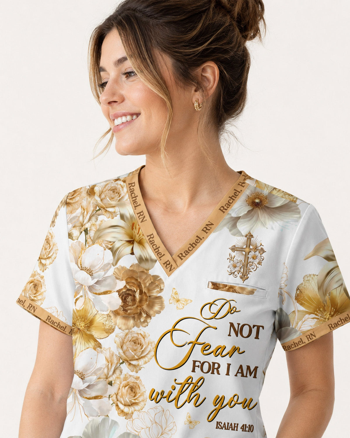 Personalized Name And Specialty Do Not Fear For I Am With You Bible Verse Christian Gift For Nurse Top - Scrubloop