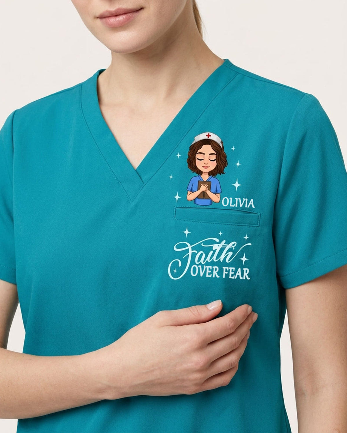 Personalized Name And Specialty Faith Over Fear Christian Gift For Nurse Top - Scrubloop