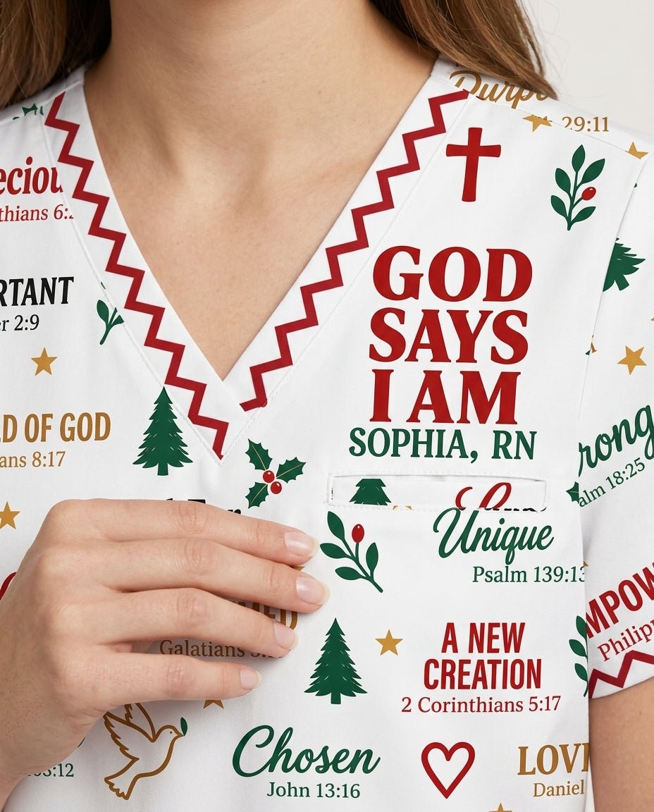 Personalized Name And Specialty God Says I Am Christmas Pattern Christian Gift For Nurse Top - Scrubloop