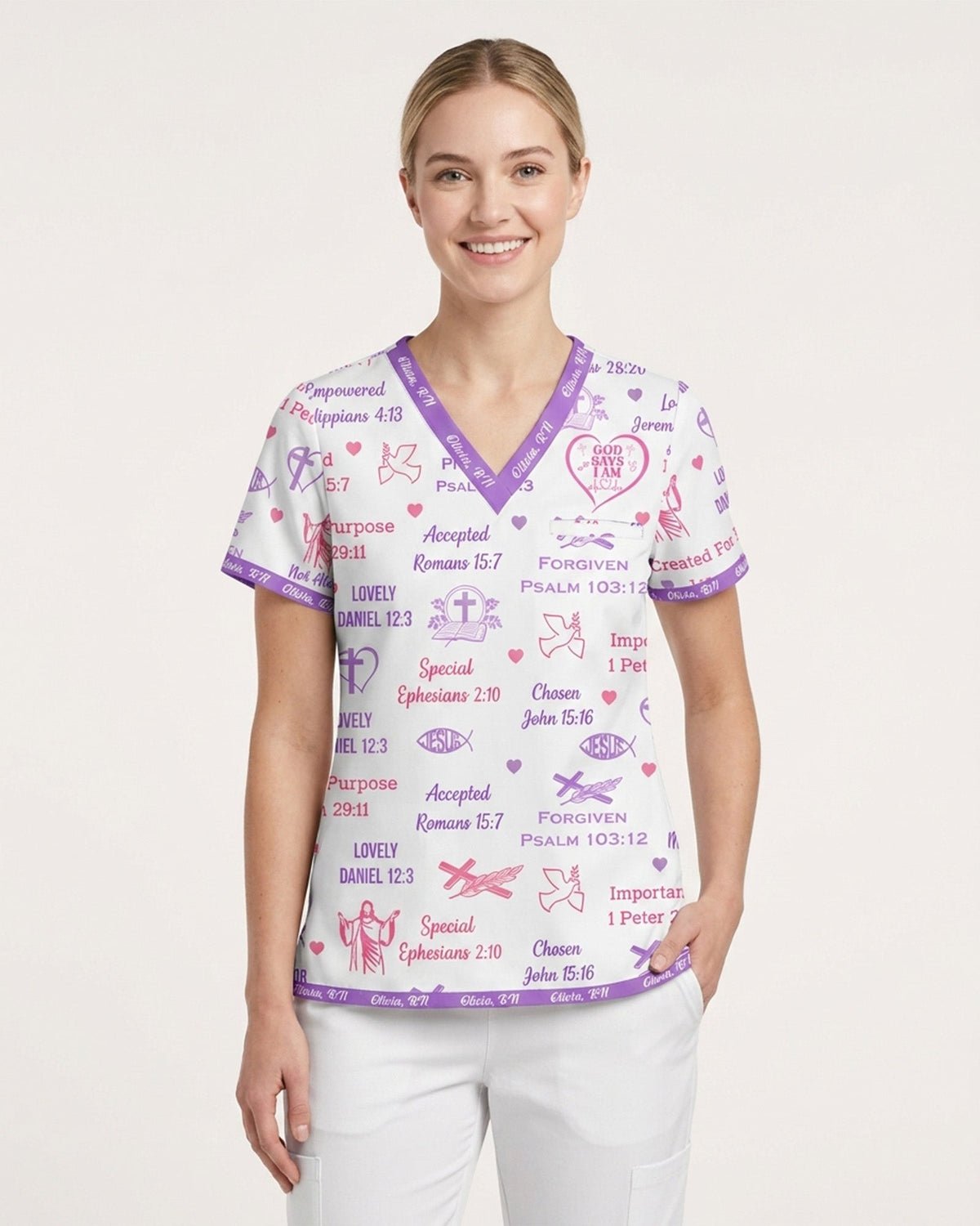 Personalized Name And Specialty God Says I Am Nurse Bible Pattern Top - Scrubloop