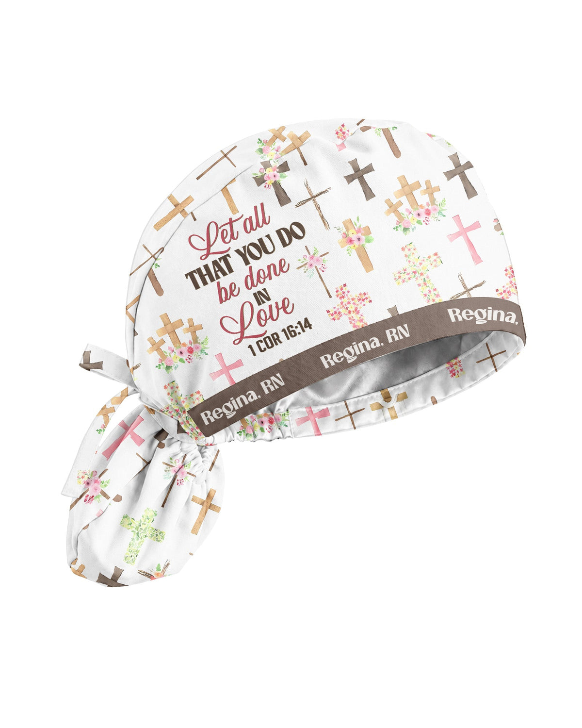 Personalized Name And Specialty Let All That You Do Be Done In Love Cross Pattern Christian Gift For Nurse Cap - Scrubloop