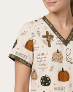 Personalized Name And Specialty Pumpkin Pattern Autumn Vibe Christian Gift For Nurse Top - Scrubloop