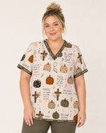 Personalized Name And Specialty Pumpkin Pattern Autumn Vibe Christian Gift For Nurse Top - Scrubloop