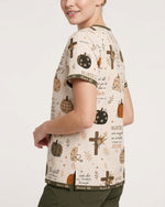 Personalized Name And Specialty Pumpkin Pattern Autumn Vibe Christian Gift For Nurse Top - Scrubloop