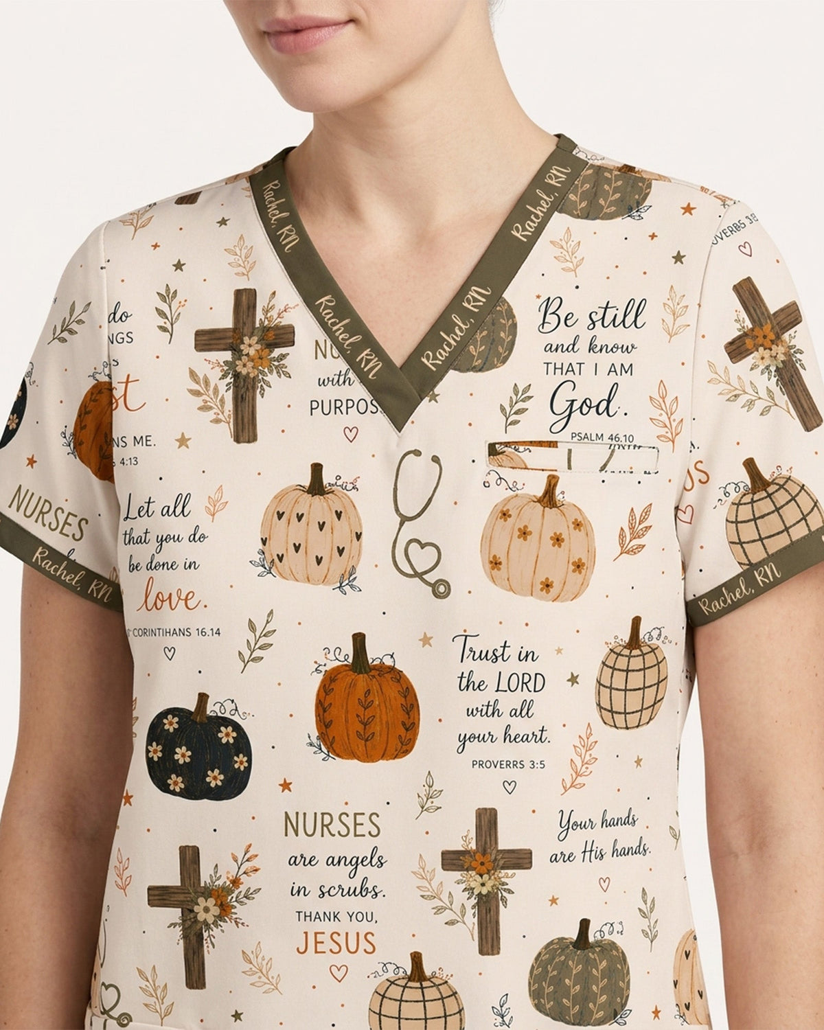Personalized Name And Specialty Pumpkin Pattern Autumn Vibe Christian Gift For Nurse Top - Scrubloop