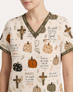 Personalized Name And Specialty Pumpkin Pattern Autumn Vibe Christian Gift For Nurse Top - Scrubloop