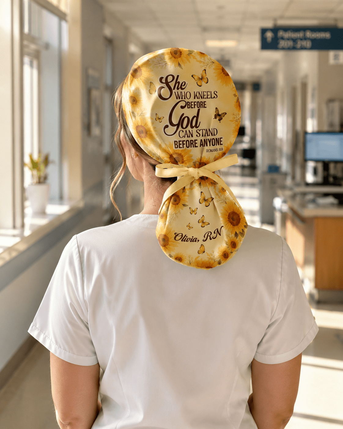 Personalized Name And Specialty She Who Kneels Before God Christian Nurse Cap - Scrubloop
