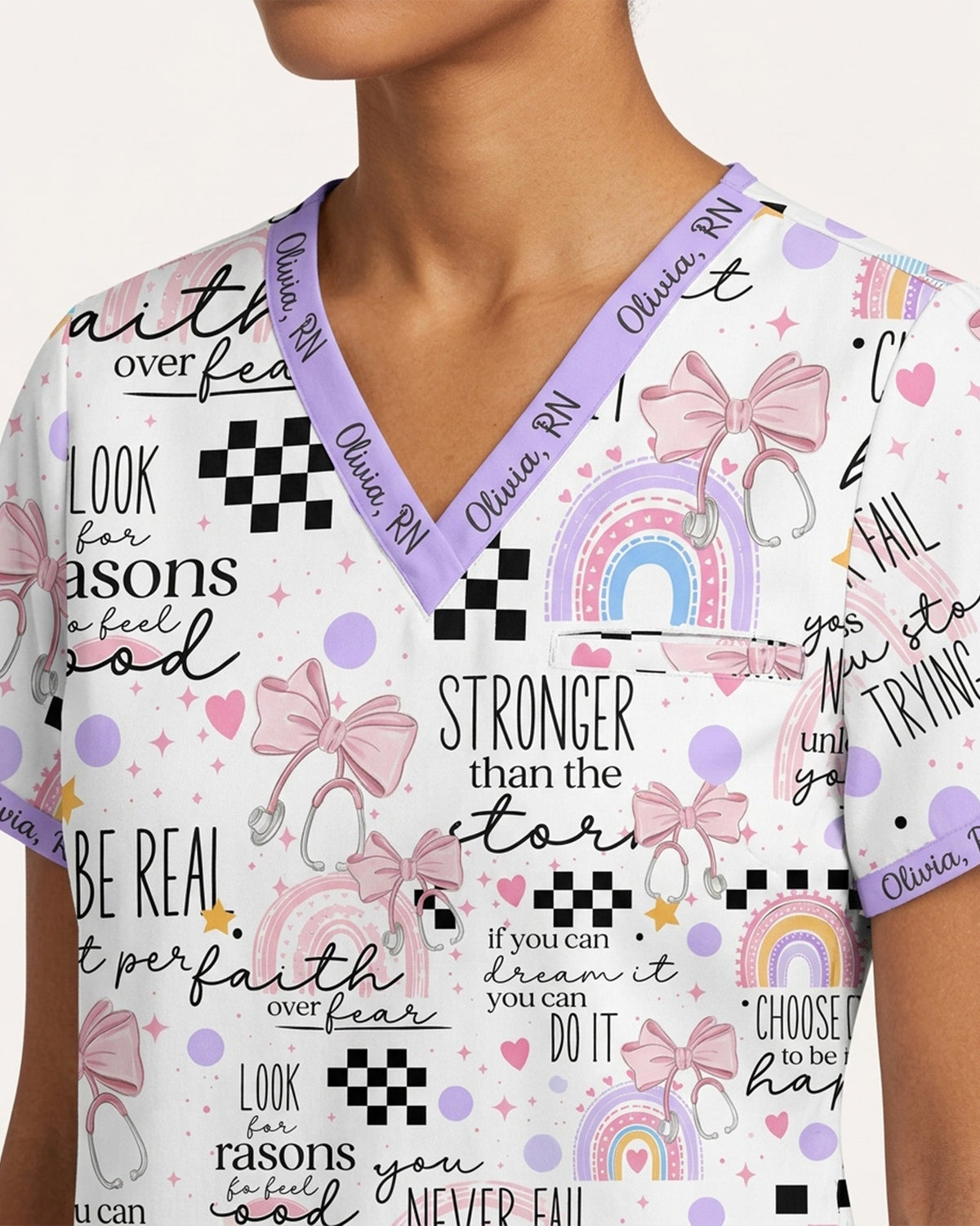 Personalized Name And Specialty Stronger Than The Storm Rainbow Stethoscope Bow Pattern Gift For Nurse Top - Scrubloop