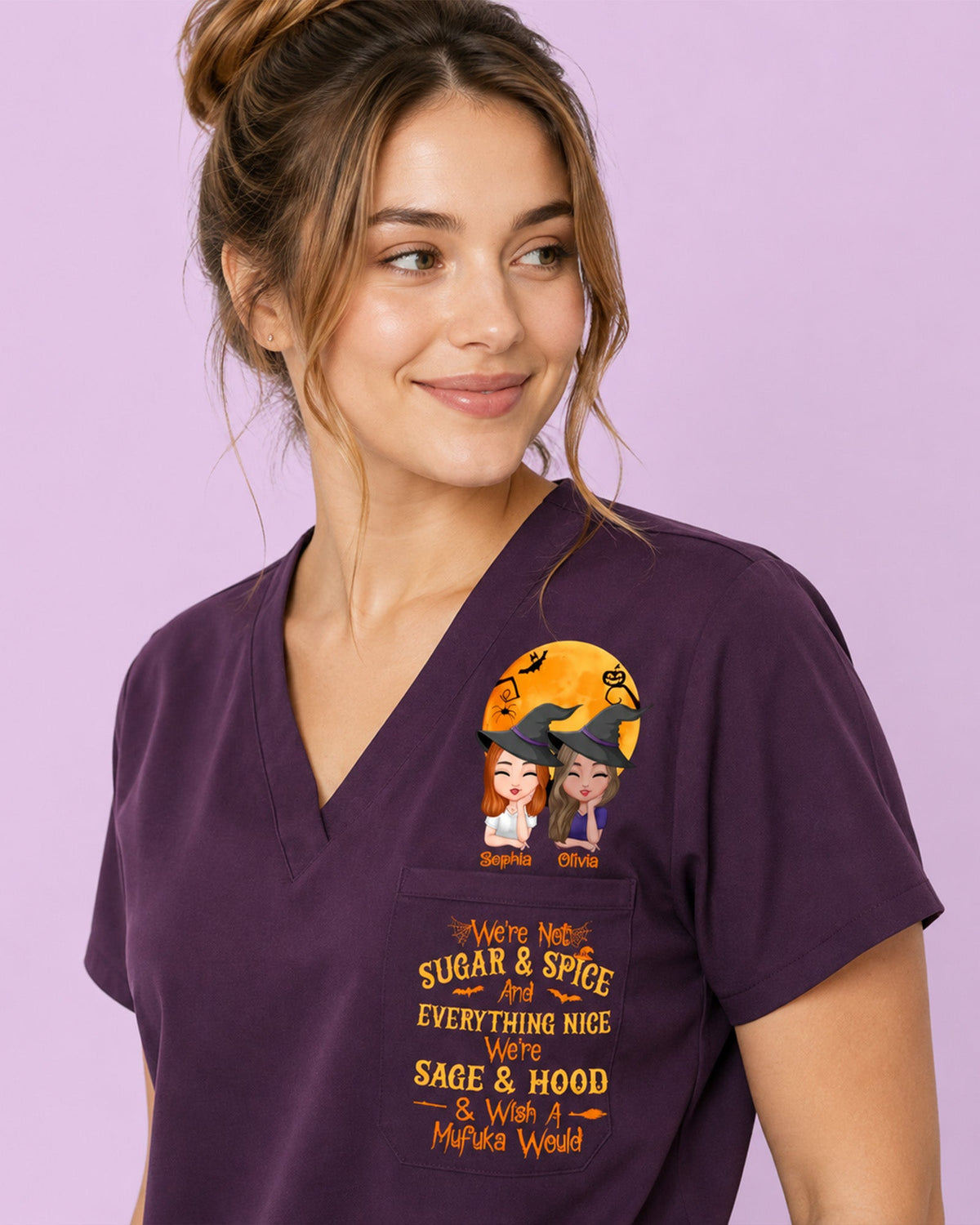Personalized Name And Specialty We're Not Sugar & Spice And Everything Nice Halloween Gift For Nurse Bestie Colleague Top - Scrubloop