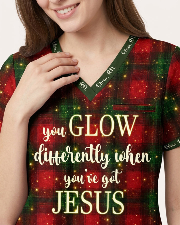 Personalized Name And Specialty You Glow Differently When You've Got Jesus Plaid Pattern Christmas Gift For Nurse Top