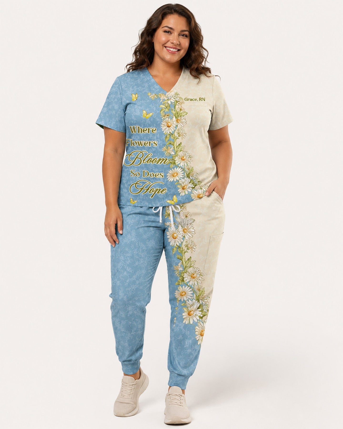 Personalized Name And Year Nurse Inspiration Where Flowers Bloom So Does Hope Women's One-Pocket V-neck Scrub Set - Scrubloop