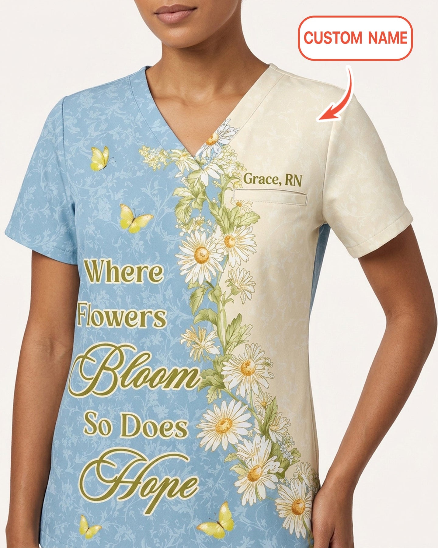 Personalized Name And Year Nurse Inspiration Where Flowers Bloom So Does Hope Women's One-Pocket V-neck Scrub Set - Scrubloop