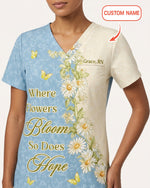 Personalized Name And Year Nurse Inspiration Where Flowers Bloom So Does Hope Women's One-Pocket V-neck Scrub Set - Scrubloop