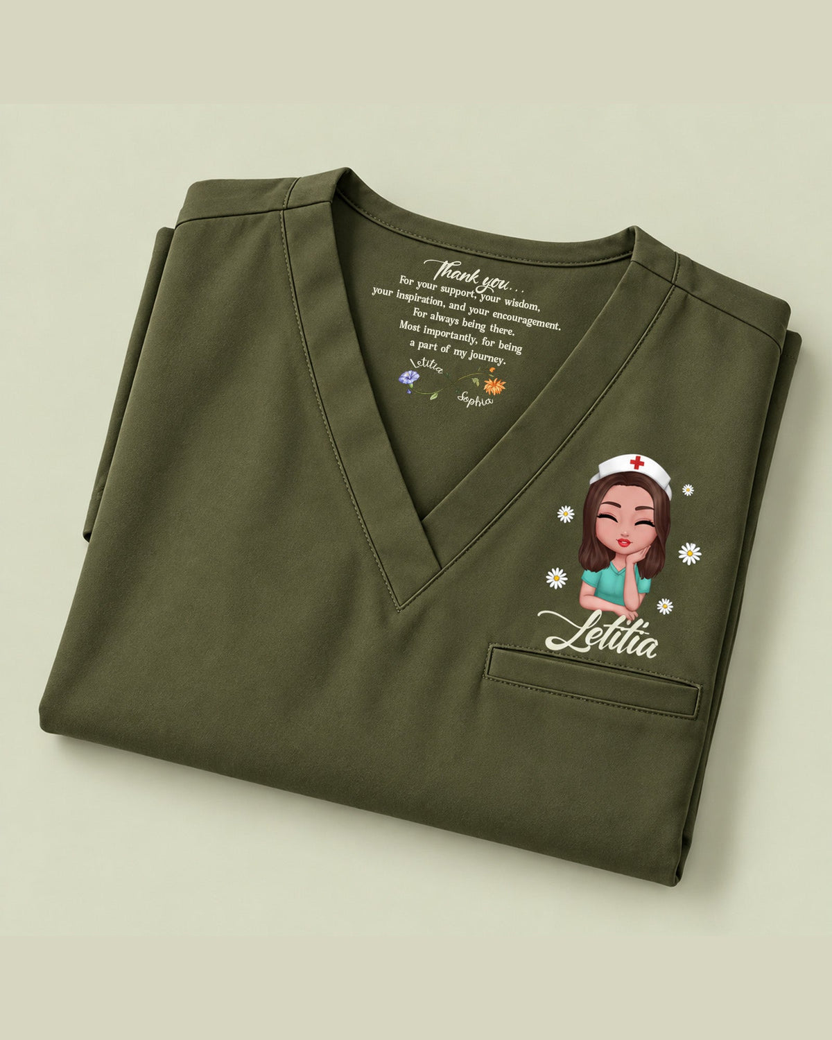 Personalized Name, Character And Birth Month Flower Thank You For Being A Part Of My Journey Hidden Message Gift For Nurse Coworker Top - Scrubloop