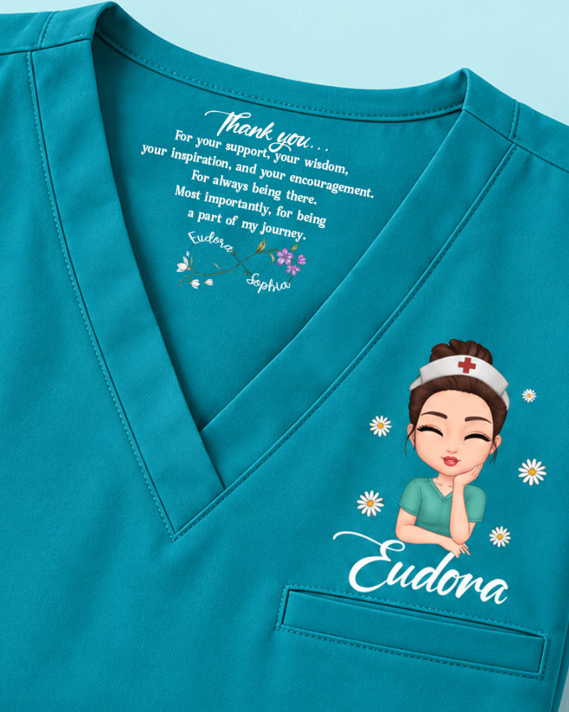 Personalized Name, Character And Birth Month Flower Thank You For Being A Part Of My Journey Hidden Message Gift For Nurse Coworker Top - Scrubloop