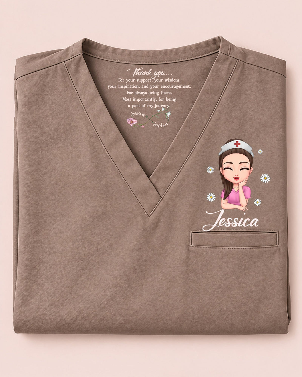 Personalized Name, Character And Birth Month Flower Thank You For Being A Part Of My Journey Hidden Message Gift For Nurse Coworker Top - Scrubloop