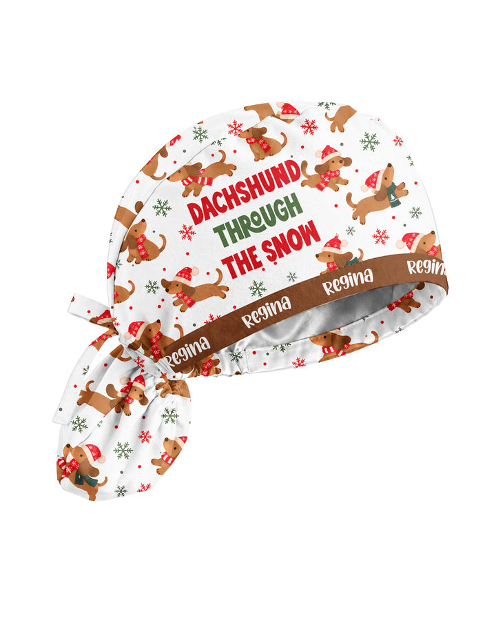 Personalized Name Dachshund Through The Snow Christmas Dachshund Pattern Gift For Nurse Cap