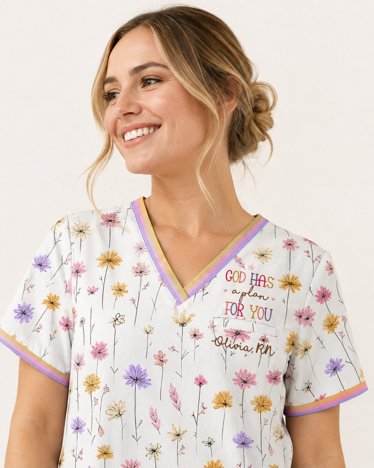 Personalized Name God Has A Plan For You Flower Pattern Christian Gift For Nurse Top - Scrubloop