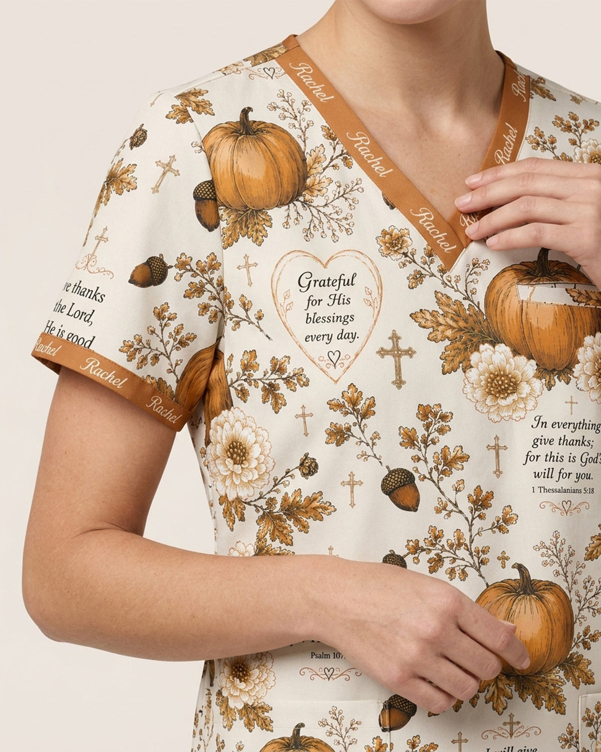 Personalized Name God Pumpkin Pattern Autumn Vibe Christian Gift For Nurse Top - Scrubloop