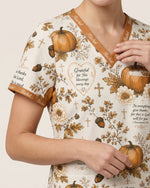 Personalized Name God Pumpkin Pattern Autumn Vibe Christian Gift For Nurse Top - Scrubloop