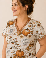 Personalized Name God Pumpkin Pattern Autumn Vibe Christian Gift For Nurse Top - Scrubloop