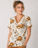 Personalized Name God Pumpkin Pattern Autumn Vibe Christian Gift For Nurse Top - Scrubloop