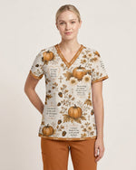 Personalized Name God Pumpkin Pattern Autumn Vibe Christian Gift For Nurse Top - Scrubloop
