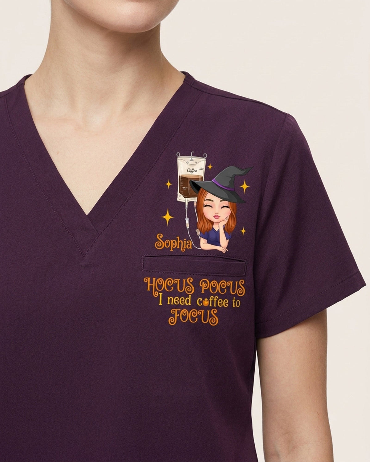 Personalized Name Hocus Pocus I Need Coffee To Focus Funny Halloween Gift For Nurse Top - Scrubloop