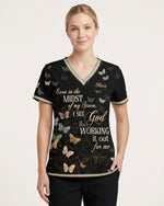 Personalized Name I See God Working It Out For Me Butterfly Pattern Christian Gift For Nurse Top - Scrubloop