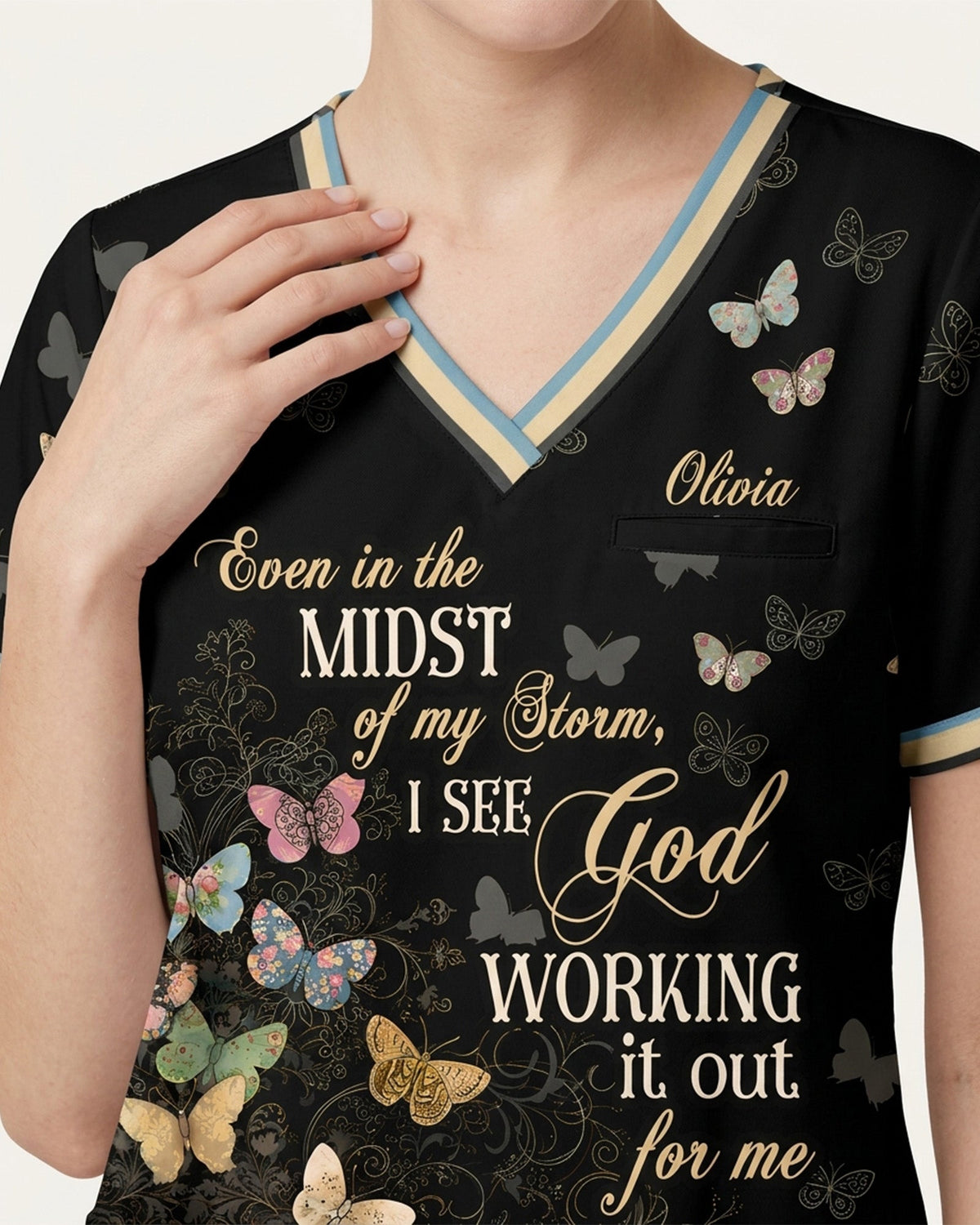 Personalized Name I See God Working It Out For Me Butterfly Pattern Christian Gift For Nurse Top - Scrubloop