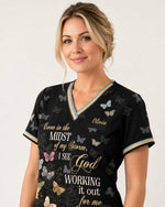 Personalized Name I See God Working It Out For Me Butterfly Pattern Christian Gift For Nurse Top - Scrubloop