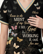 Personalized Name I See God Working It Out For Me Butterfly Pattern Christian Gift For Nurse Top - Scrubloop