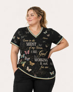 Personalized Name I See God Working It Out For Me Butterfly Pattern Christian Gift For Nurse Top - Scrubloop