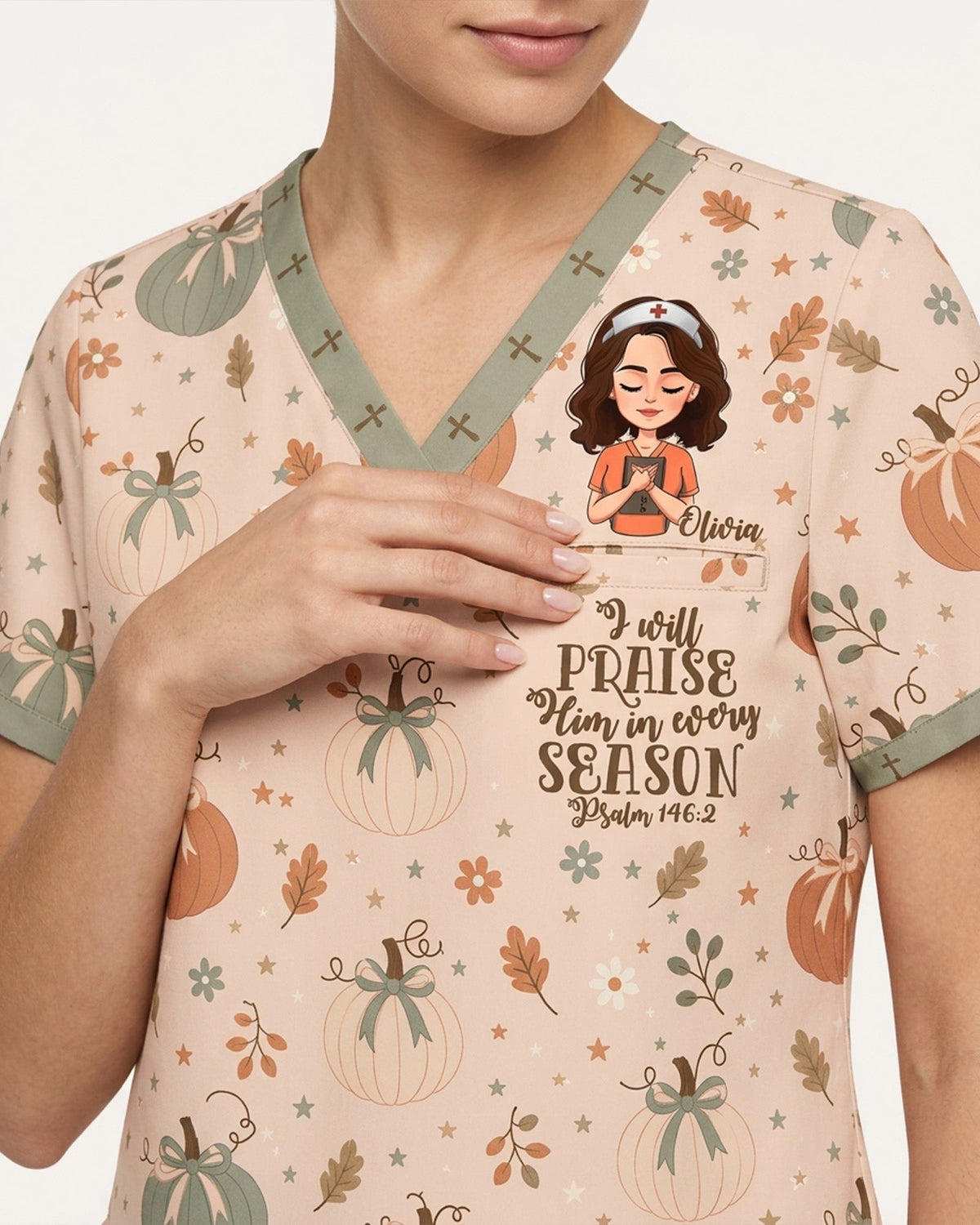 Personalized Name I Will Praise Him In Every Season Autumn Vibe Christian Gift For Nurse Top - Scrubloop