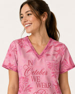 Personalized Name In October We Wear Pink Breast Cancer Awareness Flower Bow Pattern Gift For Nurse Top - Scrubloop