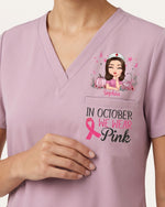 Personalized Name In October We Wear Pink Breast Cancer Awareness Gift For Nurse Top - Scrubloop