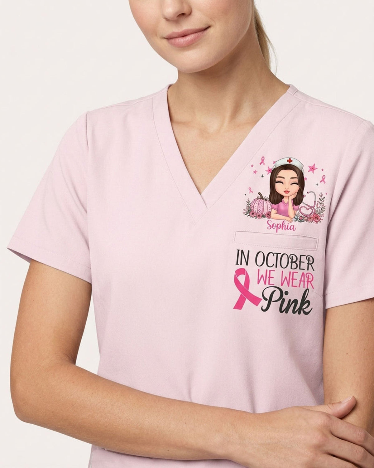 Personalized Name In October We Wear Pink Breast Cancer Awareness Gift For Nurse Top - Scrubloop