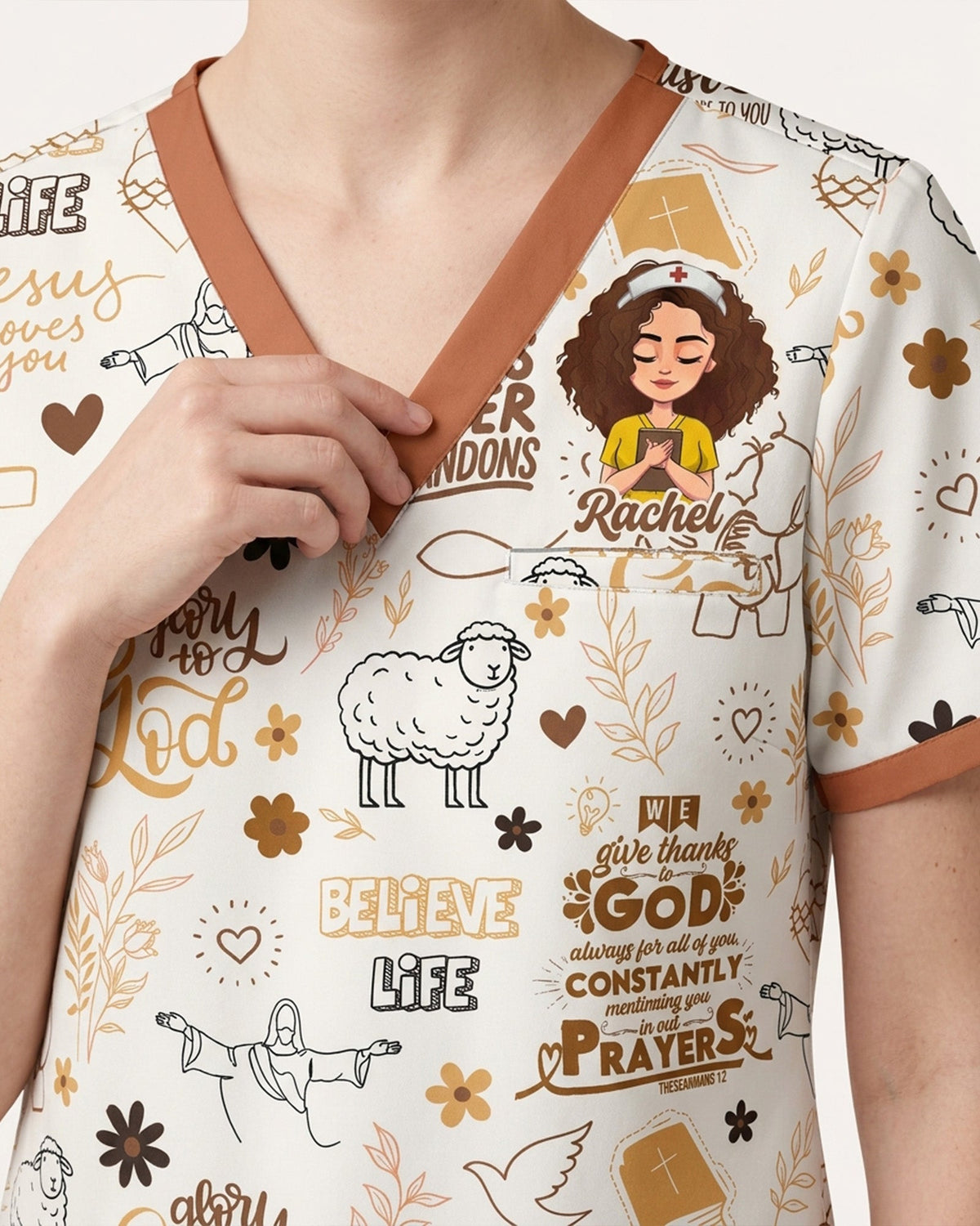 Personalized Name Jesus Pattern Christian Gift For Nurse Top - Scrubloop