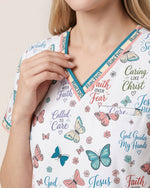 Personalized Name Jesus Quote Butterfly Pattern Christian Gift For Nurse Top - Scrubloop