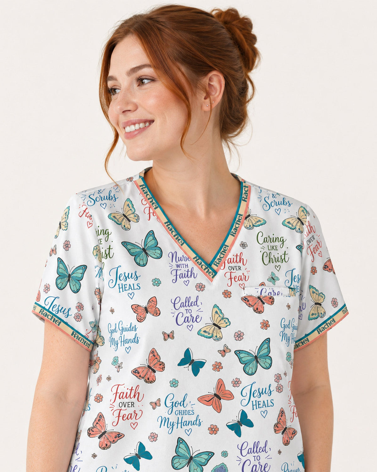 Personalized Name Jesus Quote Butterfly Pattern Christian Gift For Nurse Top - Scrubloop