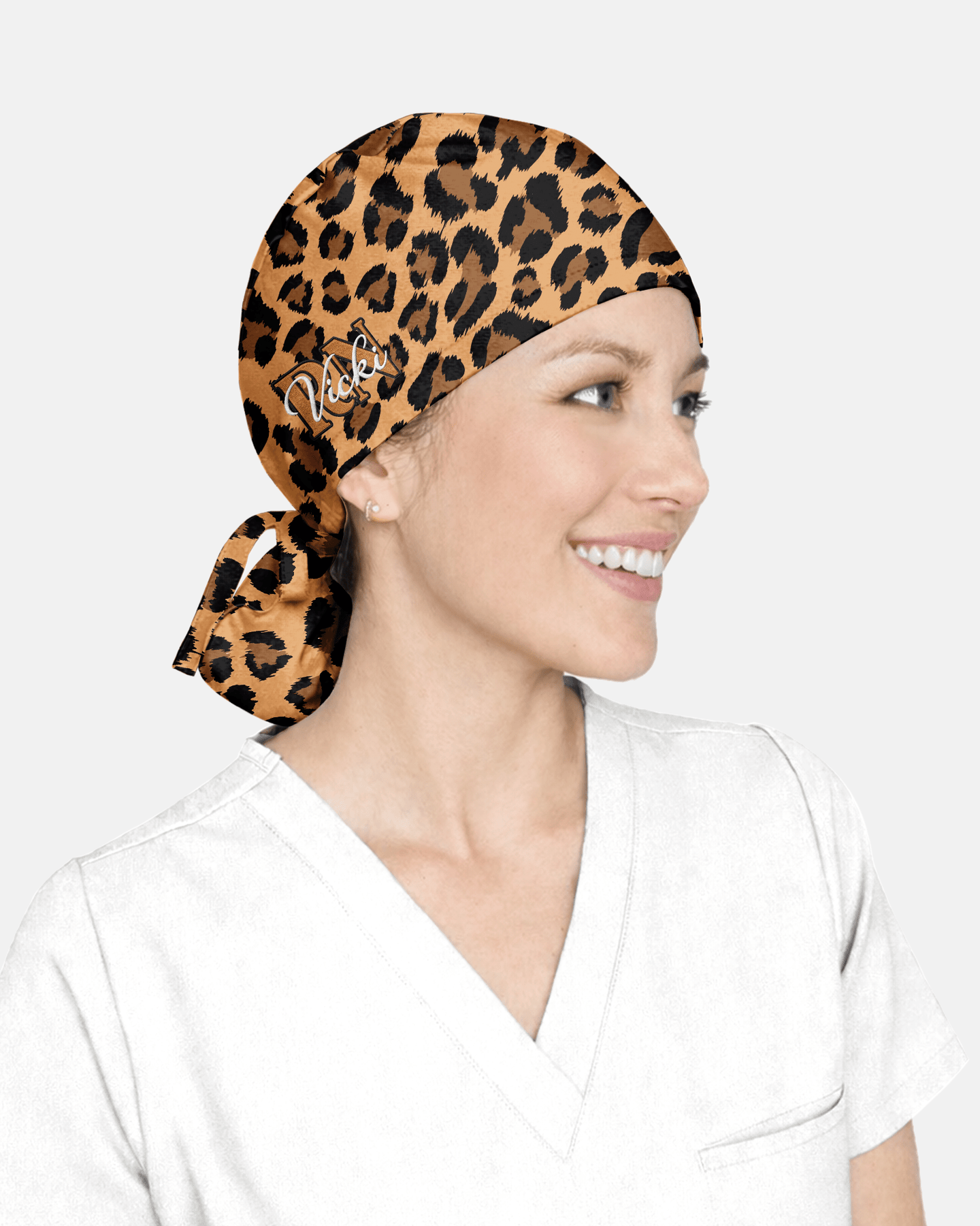 Personalized Name & Job Title Embroided Nurse Leopard Pattern Premium Satin-Lined Scrub Cap - Scrubloop