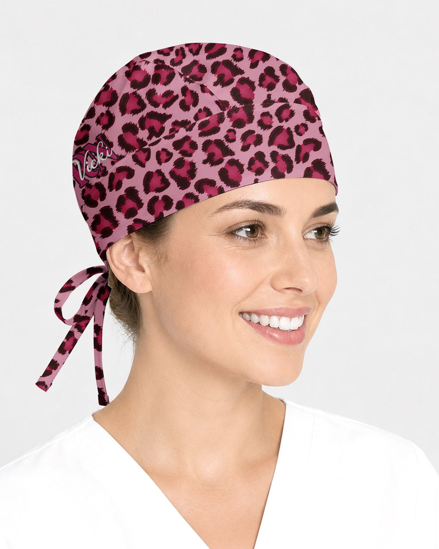 Personalized Name & Job Title Embroided Nurse Leopard Pattern Premium Satin-Lined Scrub Cap - Scrubloop