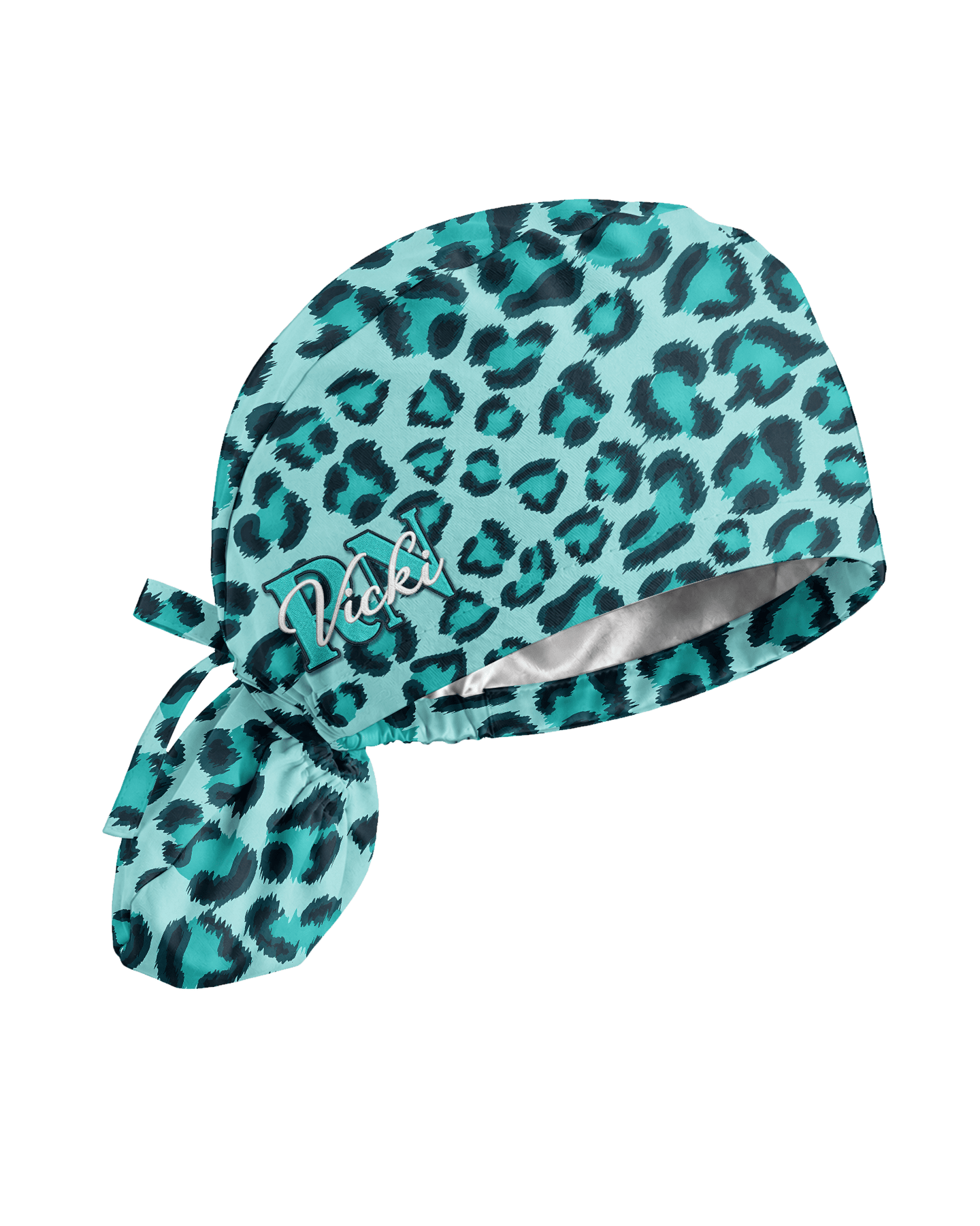 Personalized Name & Job Title Embroided Nurse Leopard Pattern Premium Satin-Lined Scrub Cap - Scrubloop