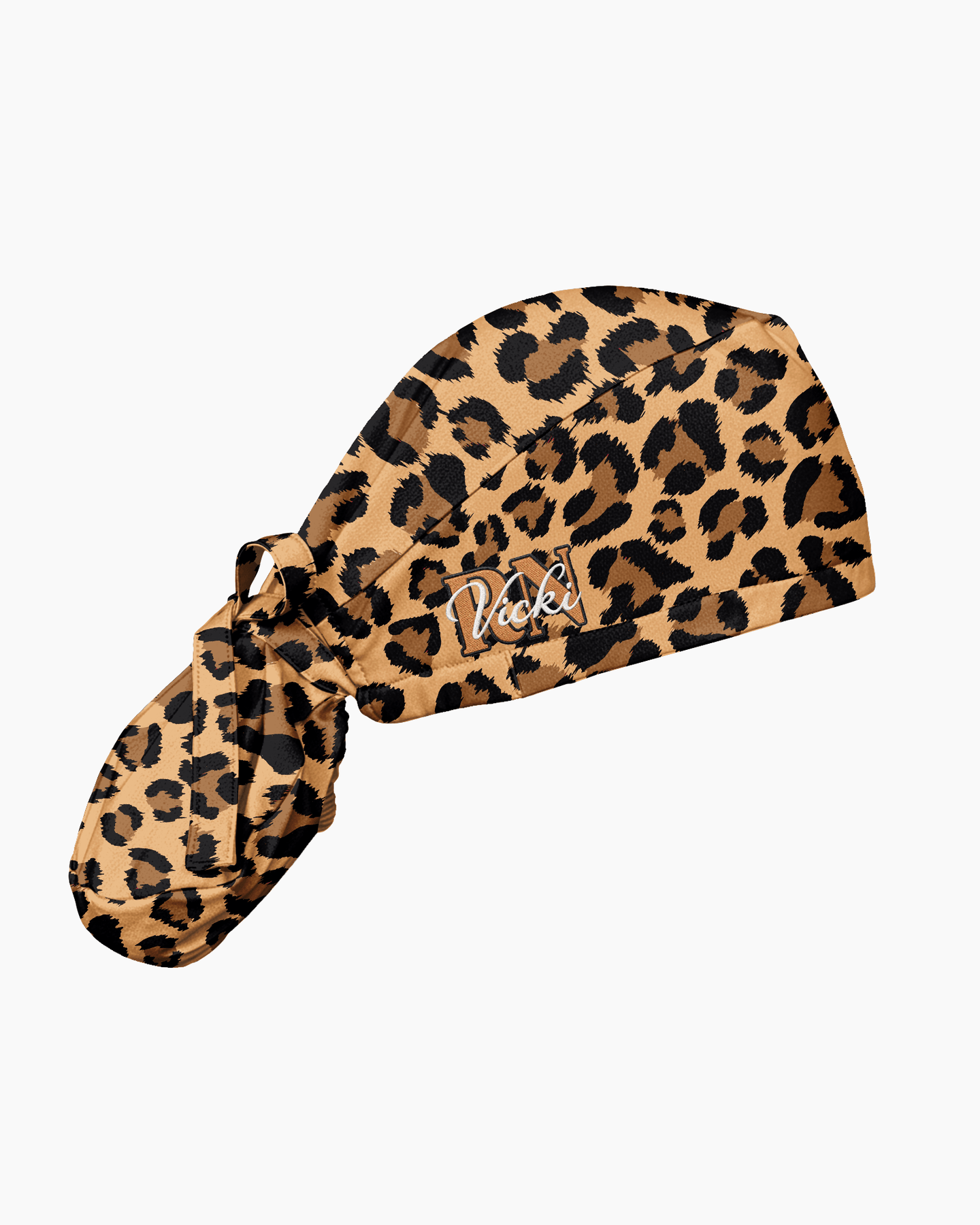 Personalized Name & Job Title Embroided Nurse Leopard Pattern Premium Satin-Lined Scrub Cap - Scrubloop