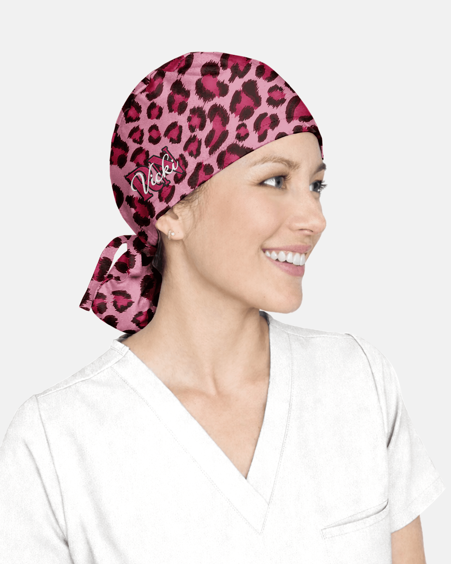 Personalized Name & Job Title Embroided Nurse Leopard Pattern Premium Satin-Lined Scrub Cap - Scrubloop