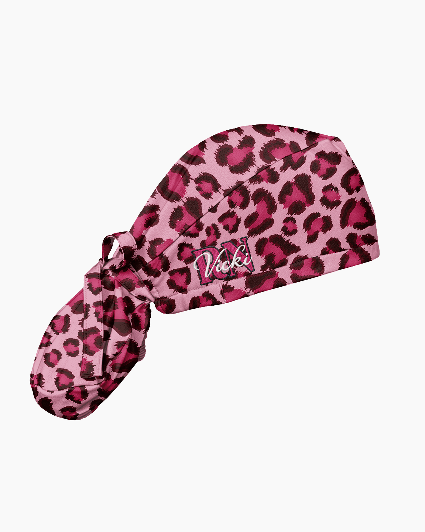 Personalized Name & Job Title Embroided Nurse Leopard Pattern Premium Satin-Lined Scrub Cap - Scrubloop