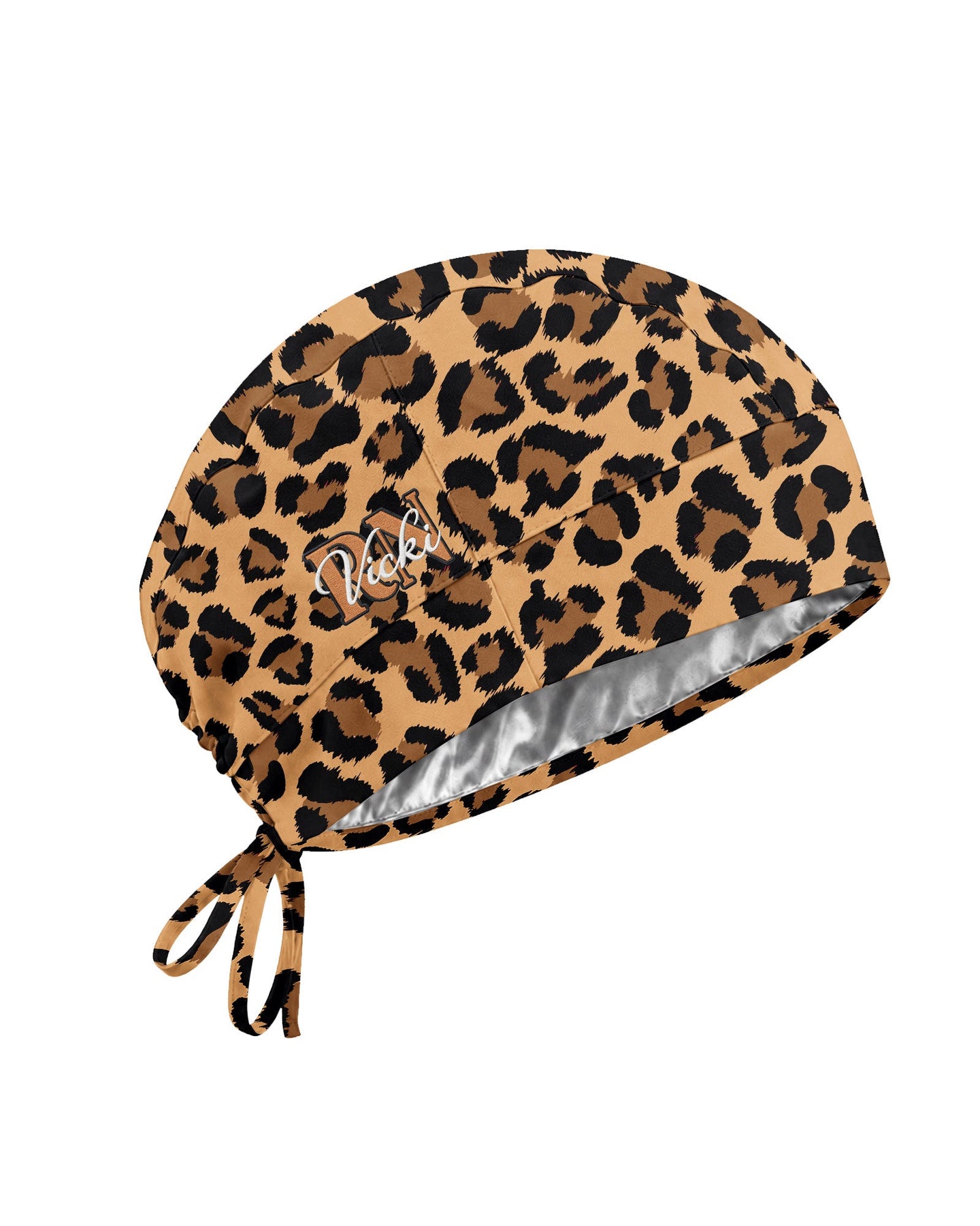 Personalized Name & Job Title Embroided Nurse Leopard Pattern Premium Satin-Lined Scrub Cap - Scrubloop