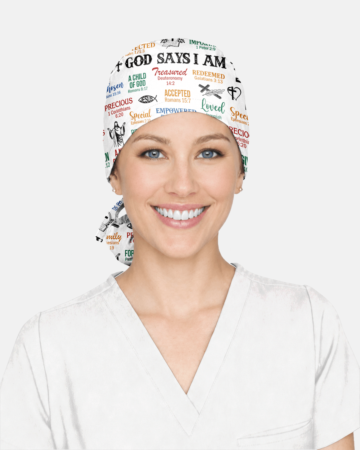 Personalized Name & Job Title Nurse God Says I Am With Christian Things Premium Satin-Lined Scrub Cap - Scrubloop