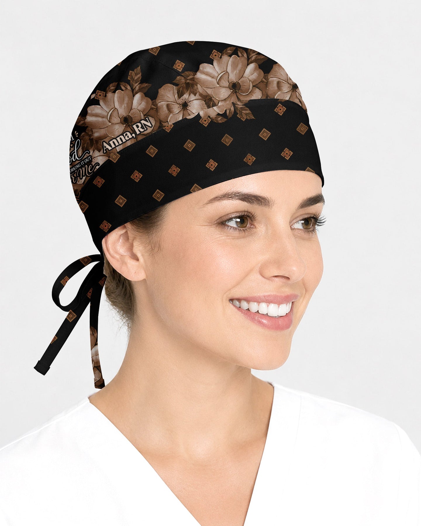 Personalized Name & Job Title Nurse God Working It Out For Me Premium Satin-Lined Scrub Cap - Scrubloop